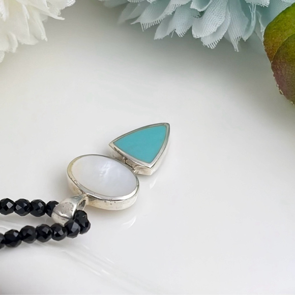 Vintage Sterling Silver 925 Mother of Pearl & Turquoise Pendant Necklace - Picture 5 of 6